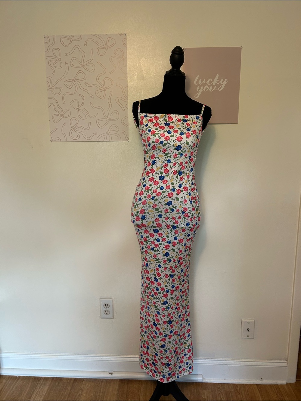 Floral Square-Neck Maxi Dress - White with Pink & Blue Flowers